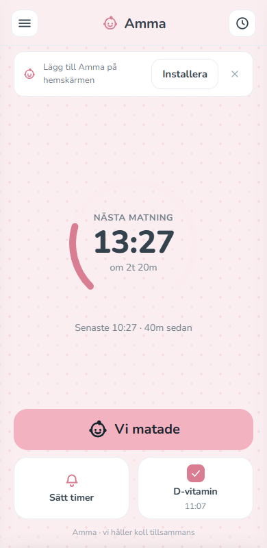 Startsidan — nästa matning med en lugn nedräkning, och knappen Vi matade.