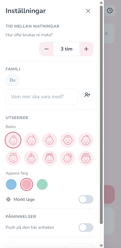 Inställningar — tid mellan matningar, familjen, och utseende (färg, bebis och mörkt läge).